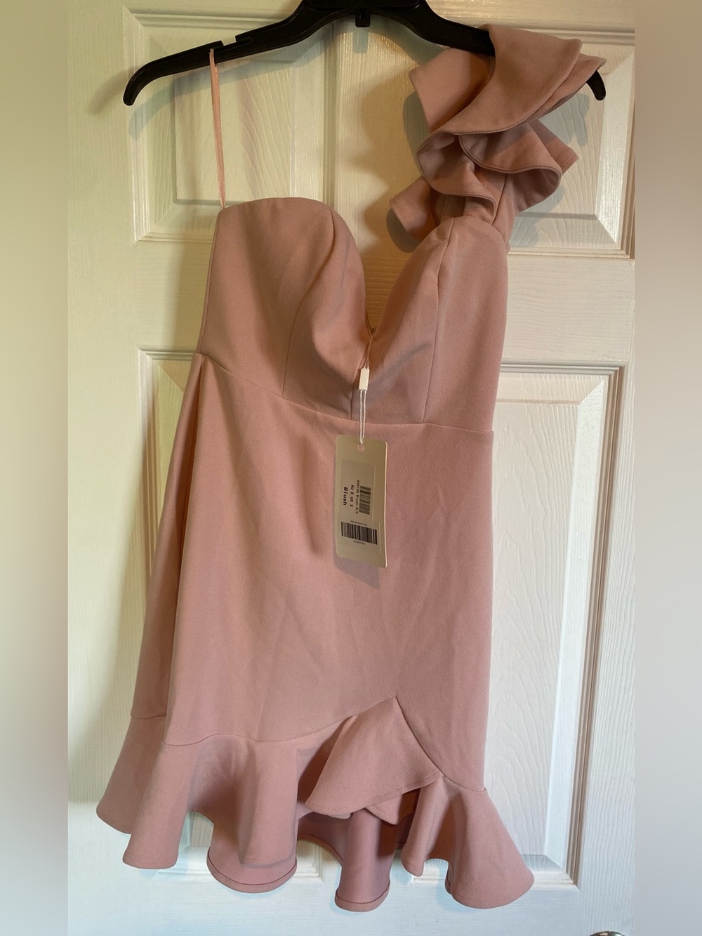 Saints & Secrets one shoulder mini blush pink ruffle dress